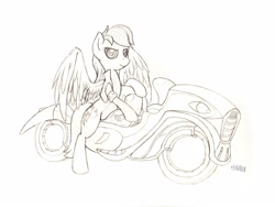 Size: 3600x2700 | Tagged: safe, artist:hirurux, imported from derpibooru, rainbow dash, pegasus, pony, clothes, female, high res, jacket, monochrome, motorcycle, pencil drawing, sketch, solo, traditional art, wip