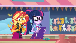 Size: 3410x1920 | Tagged: safe, imported from derpibooru, screencap, sci-twi, sunset shimmer, twilight sparkle, equestria girls, equestria girls series, rollercoaster of friendship, bowtie, clothes, cutie mark, cutie mark on clothes, female, geode of empathy, geode of telekinesis, glasses, high res, jacket, jewelry, leather, leather jacket, magical geodes, necklace, notebook, ponytail
