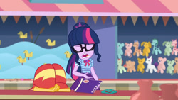 Size: 3410x1920 | Tagged: safe, imported from derpibooru, screencap, sci-twi, sunset shimmer, twilight sparkle, equestria girls, equestria girls series, rollercoaster of friendship, bowtie, clothes, cutie mark, cutie mark on clothes, eyes closed, female, geode of telekinesis, glasses, high res, jewelry, magical geodes, necklace, open mouth, ponytail