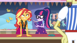 Size: 3410x1920 | Tagged: safe, imported from derpibooru, screencap, flim, sci-twi, sunset shimmer, twilight sparkle, equestria girls, equestria girls series, rollercoaster of friendship, clothes, cutie mark, cutie mark on clothes, female, geode of empathy, glasses, high res, jacket, jewelry, leather, leather jacket, magical geodes, male, necklace, notebook, ponytail