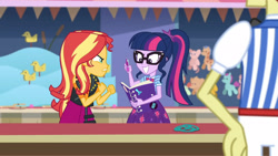 Size: 3410x1920 | Tagged: safe, imported from derpibooru, screencap, flim, sci-twi, sunset shimmer, twilight sparkle, equestria girls, equestria girls series, rollercoaster of friendship, bowtie, clothes, cutie mark, cutie mark on clothes, female, geode of telekinesis, glasses, grin, high res, jacket, jewelry, leather, leather jacket, magical geodes, male, necklace, notebook, ponytail, smiling