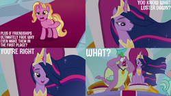 Size: 1280x720 | Tagged: safe, edit, edited screencap, editor:quoterific, imported from derpibooru, screencap, luster dawn, spike, twilight sparkle, alicorn, dragon, pony, unicorn, season 9, the last problem, spoiler:s09, crown, female, jewelry, male, mare, older, older twilight, open mouth, princess twilight 2.0, regalia, smiling, twilight sparkle (alicorn), winged spike, wings