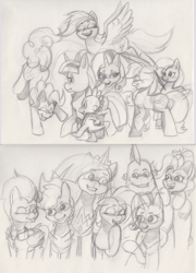Size: 1300x1809 | Tagged: safe, artist:saturdaymorningproj, imported from derpibooru, applejack, fluttershy, pinkie pie, rainbow dash, rarity, spike, twilight sparkle, alicorn, dragon, earth pony, pegasus, pony, unicorn, happy birthday mlp:fim, mane seven, mane six, mlp fim's eleventh anniversary, older, older applejack, older fluttershy, older mane seven, older mane six, older pinkie pie, older rainbow dash, older rarity, older spike, older twilight, pencil drawing, sketch, traditional art, twilight sparkle (alicorn)