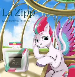 Size: 1024x1057 | Tagged: safe, artist:neoshrek, imported from derpibooru, zipp storm, pegasus, pony, female, g5, gritted teeth, looking at you, mare, my little pony: a new generation, parfum la pipp, perfume, sitting, smiling, solo, spread wings, supporting head, wings