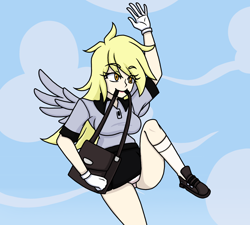Size: 1368x1231 | Tagged: safe, artist:_mssj9, derpibooru exclusive, imported from derpibooru, derpy hooves, human, bag, blonde, blonde hair, clothes, cloud, eye clipping through hair, eyebrows, eyebrows visible through hair, eyelashes, gloves, humanized, mouth hold, pegasus wings, pleated skirt, shoulder bag, skirt, smiling, socks, solo, underwear, winged humanization, wings