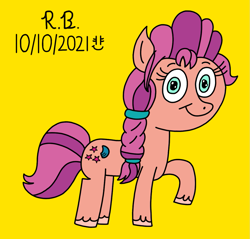Size: 1131x1080 | Tagged: safe, artist:royalsmurf, artist:smurfettyblue, imported from derpibooru, sunny starscout, earth pony, pony, anniversary, backwards cutie mark, colored hooves, g5, happy birthday mlp:fim, mlp fim's eleventh anniversary, my little pony: a new generation, simple background, solo, unshorn fetlocks, yellow background