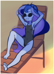 Size: 980x1330 | Tagged: safe, artist:drantyno, imported from derpibooru, princess luna, equestria girls, armpits, barefoot, beach, beach chair, chair, clothes, feet, female, high-cut clothing, one-piece swimsuit, solo, sunglasses, swimsuit, vice principal luna, younger