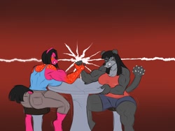 Size: 1600x1200 | Tagged: safe, artist:lurking tyger, imported from derpibooru, oc, oc only, oc:morgan graywacke, oc:sugar strike, anthro, diamond dog, digitigrade anthro, earth pony, unguligrade anthro, anthro oc, arm wrestling, big breasts, breasts, clothes, commission, competition, diamond dog oc, earth pony oc, female, gritted teeth, mare, shorts, table, tail, tail hole