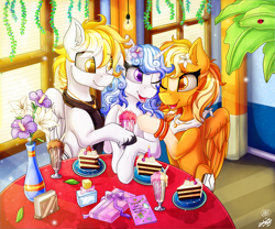 Size: 3000x2500 | Tagged: safe, artist:stainedglasslighthea, imported from derpibooru, oc, oc only, oc:melodia, oc:serenity, oc:white feather, pegasus, pony, unicorn, birthday party, female, high res, male, oc x oc, party, serenither, shipping, straight, trio