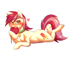 Size: 1600x1300 | Tagged: safe, artist:theglitchberserk, imported from derpibooru, roseluck, earth pony, pony, angry, behaving like a cat, blushing, collar, commission, commissioner:doom9454, fangs, heart, lying down, pet tag, pony pet, rosepet, simple background, solo, transparent background, yarn, yarn ball