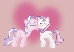 Size: 1600x1120 | Tagged: safe, artist:darthlena, imported from derpibooru, diamond tiara, sweetie belle, earth pony, pony, unicorn, alternate cutie mark, blushing, diamondbelle, duo, female, kiss on the lips, kissing, lesbian, mare, older, raised hoof, shipping