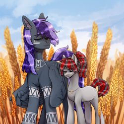 Size: 4000x4000 | Tagged: safe, artist:woowoli, imported from derpibooru, oc, oc only, earth pony, pegasus, pony, duo, eyes closed, female, field, food, male, oc x oc, shipping, size difference, straight, wheat