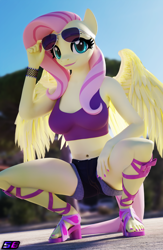 Size: 2160x3320 | Tagged: safe, artist:shadowboltsfm, imported from derpibooru, fluttershy, anthro, pegasus, plantigrade anthro, 3d, aviator sunglasses, belly button, blender, bra, bracelet, breasts, busty fluttershy, clothes, crop top bra, cute, eyelashes, feet, high res, jewelry, lace sandals, looking at you, midriff, nail polish, not sfm, sandals, shorts, shyabetes, smiling, squatting, sunglasses, toenail polish, toes, underwear, wings