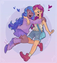 Size: 2550x2800 | Tagged: safe, artist:petukh3, imported from derpibooru, izzy moonbow, sunny starscout, human, bag, blushing, clothes, dark skin, duo, duo female, female, g5, heart, high res, hug, humanized, looking at each other, my little pony: a new generation, one eye closed, open mouth, open smile, pin, satchel, shorts, skirt, smiling, sweater