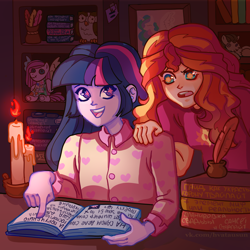 Size: 2500x2500 | Tagged: safe, artist:hvatausunn, imported from derpibooru, sunset shimmer, twilight sparkle, equestria girls, book, book title humor, bookshelf, candle, clothes, cyrillic, duo, female, high res, indoors, night, pajamas, pointing, quill, reading, russian, wingding eyes