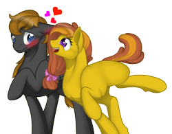 Size: 1000x779 | Tagged: safe, artist:dedonnerwolke, imported from derpibooru, oc, oc only, earth pony, pony, blushing, bow, earth pony oc, eyelashes, hair bow, heart, oc x oc, raised hoof, shipping, simple background, transparent background