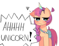 Size: 1000x784 | Tagged: safe, artist:arwencuack, imported from derpibooru, sunny starscout, earth pony, pony, unicorn, spoiler:g5, spoiler:my little pony: a new generation, angry, cute, fake horn, g5, my little pony: a new generation, scared, solo, sunny starscout is not amused, unamused