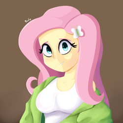 Size: 2000x2000 | Tagged: safe, artist:biocrine, imported from derpibooru, fluttershy, equestria girls, breasts, busty fluttershy, cleavage, female, high res, looking at you, solo