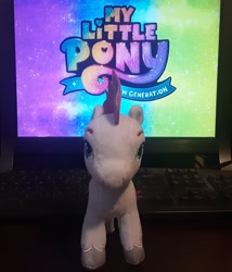 Size: 1747x2040 | Tagged: safe, imported from derpibooru, zipp storm, pegasus, pony, spoiler:my little pony: a new generation, computer, g5, irl, keyboard, my little pony logo, my little pony: a new generation, photo, plushie, solo