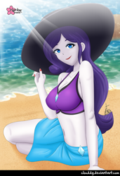 Size: 684x1000 | Tagged: safe, artist:clouddg, imported from derpibooru, rarity, equestria girls, equestria girls series, forgotten friendship, beach, beach babe, belly button, breasts, busty rarity, cleavage, clothes, crepuscular rays, female, hat, looking at you, multiple variants, rarity's blue sarong, rarity's purple bikini, sarong, smiling, solo, sun hat, swimsuit