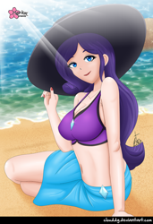 Size: 684x1000 | Tagged: safe, alternate version, artist:clouddg, imported from derpibooru, rarity, equestria girls, equestria girls series, forgotten friendship, beach, beach babe, belly button, breasts, busty rarity, cleavage, clothes, crepuscular rays, female, hat, human coloration, looking at you, multiple variants, rarity's blue sarong, rarity's purple bikini, sarong, smiling, solo, sun hat, swimsuit