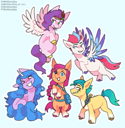 Size: 1000x1021 | Tagged: safe, artist:hollaceday, imported from derpibooru, hitch trailblazer, izzy moonbow, pipp petals, sunny starscout, zipp storm, earth pony, pegasus, pony, unicorn, chibi, female, g5, male, mane five (g5), mare, my little pony: a new generation, signature, stallion