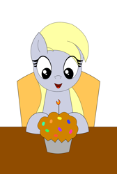 Size: 1298x1937 | Tagged: safe, artist:happyb0y95, imported from derpibooru, derpy hooves, pegasus, pony, 11th anniversary, anniversary, candle, chair, cute, derpabetes, eyelashes, female, fire, food, happy birthday, happy birthday mlp:fim, looking down, mare, mlp fim's eleventh anniversary, muffin, open mouth, simple background, solo, table, white background