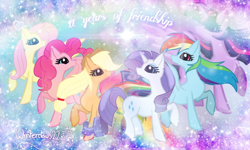 Size: 1106x665 | Tagged: safe, artist:winterclaws22, imported from derpibooru, applejack, fluttershy, pinkie pie, rainbow dash, rarity, twilight sparkle, alicorn, earth pony, pegasus, pony, unicorn, happy birthday mlp:fim, lens flare, mane six, mlp fim's eleventh anniversary, twilight sparkle (alicorn)