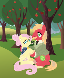 Size: 2880x3500 | Tagged: safe, anonymous artist, imported from derpibooru, big macintosh, fluttershy, earth pony, pegasus, pony, series:fm holidays, alternate hairstyle, apple, apple orchard, apple tree, clothes, ear piercing, earring, facial hair, female, fluttermac, high res, holding hooves, jewelry, lineless, looking at you, male, mare, moustache, necktie, no pupils, older, older big macintosh, older fluttershy, orchard, piercing, shawl, shipping, sitting, stallion, straight, suit, sweet apple acres, tree