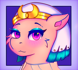 Size: 3218x2914 | Tagged: safe, artist:legionsunite, artist:lureunites, imported from derpibooru, somnambula, pegasus, pony, bust, cheek fluff, clothes, egyptian headdress, female, high res, lidded eyes, mare, portrait, simple background, smiling, solo