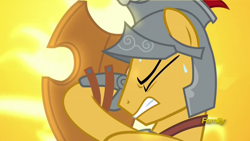 Size: 1280x720 | Tagged: safe, imported from derpibooru, screencap, flash magnus, pegasus, pony, discovery family logo, eyes closed, fire, gritted teeth, hero, male, shield, stallion, struggling, sweat, sweatdrops