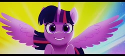 Size: 2400x1080 | Tagged: safe, imported from derpibooru, screencap, twilight sparkle, alicorn, pony, spoiler:my little pony: a new generation, female, g5, grin, lip bite, mare, my little pony: a new generation, smiling, solo, spread wings, twilight sparkle (alicorn), wings