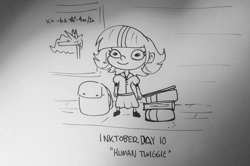 Size: 3120x2066 | Tagged: safe, artist:tjpones, imported from derpibooru, princess celestia, twilight sparkle, human, backpack, book, child, grayscale, high res, humanized, inktober, inktober 2021, monochrome, poster, quadratic formula, solo, traditional art, twiggie, younger