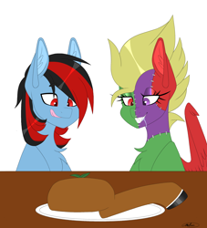 Size: 1988x2187 | Tagged: safe, artist:melodytheartpony, imported from derpibooru, oc, deer, earth pony, pegasus, deer leg, duo, female, frankenpony, hungry, male, old art, plate, pointy teeth, ponies wanting to eat meat, redo, redone art, stitches, table