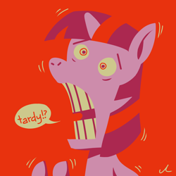 Size: 4500x4500 | Tagged: safe, artist:docwario, imported from derpibooru, twilight sparkle, pony, limited palette, lineless, open mouth, red background, simple background, solo, speech bubble, tardy, twitober