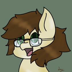 Size: 800x800 | Tagged: safe, artist:lux-ful, imported from derpibooru, oc, oc only, oc:cj vampire, earth pony, pony, brown mane, bust, fanart, glasses, green eyes, looking at you, open mouth, photo, portrait, smiling, smiling at you, solo