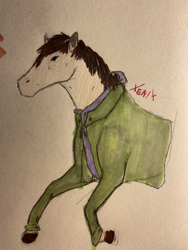 Size: 3024x4032 | Tagged: safe, artist:xenix, imported from derpibooru, oc, oc:cj vampire, earth pony, pony, bomber jacket, brown mane, clothes, fanart, galloping, glasses off, green eyes, hoers, hoodie, jacket, photo, purple hoodie, solo, traditional art