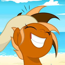 Size: 2000x2000 | Tagged: safe, artist:pizzamovies, imported from derpibooru, oc, oc only, oc:daine, oc:pizzamovies, earth pony, pony, beach, eyes closed, female, head pat, high res, mare, offscreen character, pat, smiling, water
