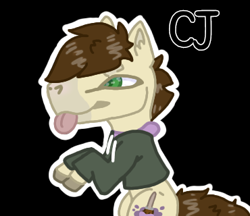 Size: 370x320 | Tagged: safe, artist:captainjellybean#4697, imported from derpibooru, oc, oc only, oc:cj vampire, earth pony, pony, art trade, bomber jacket, brown mane, brown tail, clothes, cute mark, fanart, glasses off, green eyes, hoodie, hooves up, jacket, photo, pounce, purple hoodie, solo, tail, tongue out