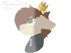 Size: 2048x1536 | Tagged: safe, artist:blossomarts, imported from derpibooru, oc, oc only, oc:cj vampire, earth pony, pony, bomber jacket, brown mane, bust, clothes, crown, fanart, floppy ears, glasses off, green eyes, jacket, jewelry, looking up, photo, portrait, regalia, simple background, smiling, solo, transparent background