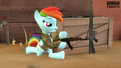 Size: 3413x1920 | Tagged: safe, artist:gradiusfanatic, imported from derpibooru, rainbow dash, pegasus, pony, 3d, ak-47, assault rifle, female, gun, m-16, rifle, solo, source filmmaker, weapon