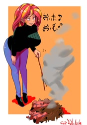 Size: 1400x2000 | Tagged: safe, artist:sozglitch, imported from derpibooru, sunset shimmer, human, equestria girls, big breasts, breasts, busty sunset shimmer, clothes, cooking, female, japanese, jeans, leaf pile, leaves, pants, smoke, solo, stick, sweater