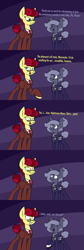 Size: 1811x5395 | Tagged: safe, artist:moonatik, imported from derpibooru, oc, oc:aces high, oc:selenite, bat pony, earth pony, pony, alternate timeline, awkward, bat pony oc, blatant lies, clothes, comic, dialogue, earth pony oc, female, gloves, hair bun, happy birthday mlp:fim, lying, mare, military uniform, mlp fim's eleventh anniversary, necktie, new lunar millennium, nightmare takeover timeline, suit, sunglasses, sweat, tail, tail bun, uniform