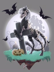 Size: 1950x2600 | Tagged: safe, artist:dementra369, imported from derpibooru, oc, oc only, oc:hara, monster pony, original species, pony, tatzlpony, bone, commission, graveyard, halloween, holiday, pumpkin, solo, ych result