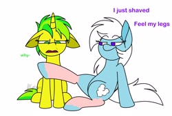 Size: 2048x1393 | Tagged: safe, artist:feather_bloom, imported from derpibooru, oc, oc only, oc:feather_bloom, oc:flower love(kaitykat), pony, unicorn, dialogue, duo, floppy ears, funny, lol, shaved, simple background, white background