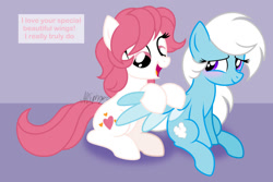 Size: 1024x684 | Tagged: safe, artist:feather_bloom, imported from derpibooru, sweetheart, oc, oc:feather_bloom, earth pony, pegasus, pony, blushing, duo, lidded eyes, show accurate, sitting, smiling, spread wings, wing massage, wings