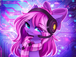 Size: 4444x3333 | Tagged: safe, artist:airiniblock, imported from derpibooru, oc, oc only, oc:lillybit, earth pony, pony, bow, bust, clothes, hair bow, headphones, headset, rcf community, scarf, solo