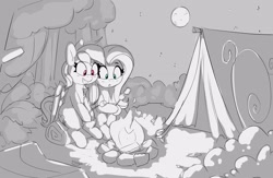 Size: 3871x2528 | Tagged: safe, artist:pabbley, imported from derpibooru, fluttershy, rainbow dash, pegasus, pony, campfire, camping, duo, female, fire, food, full moon, high res, hoof hold, mare, marshmallow, monochrome, moon, night, partial color, roasted marshmallow, sitting, tent, toasting marshmallows