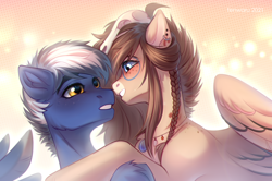 Size: 3200x2121 | Tagged: safe, artist:fenwaru, imported from derpibooru, oc, oc only, oc:maverick, oc:ondrea, oc:squall splitter, pegasus, pony, about to kiss, blushing, cuddling, cute, eye contact, female, high res, hold, looking at each other, looking into eyes, male, oc x oc, shipping, skull, straight, unshorn fetlocks