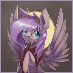 Size: 3000x3000 | Tagged: safe, artist:phi, imported from derpibooru, oc, oc only, oc:violet dawn, pegasus, pony, cape, clothes, frown, gritted teeth, halo, high res, laurel wreath, not fluttershy, pegasus oc, simple background, solo, spread wings, wings